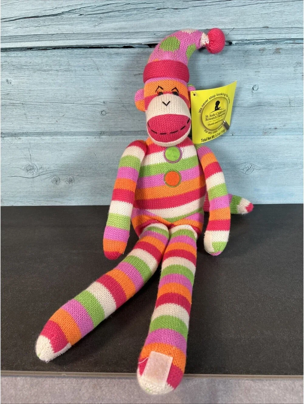Sock Monkey Knit Pink Orange Green Stripe Clown Hat 20